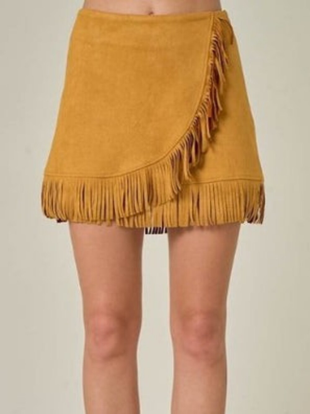 Saints & Hearts Mustard Yellow Faux Suede Fringe Wrap Skirt NEW